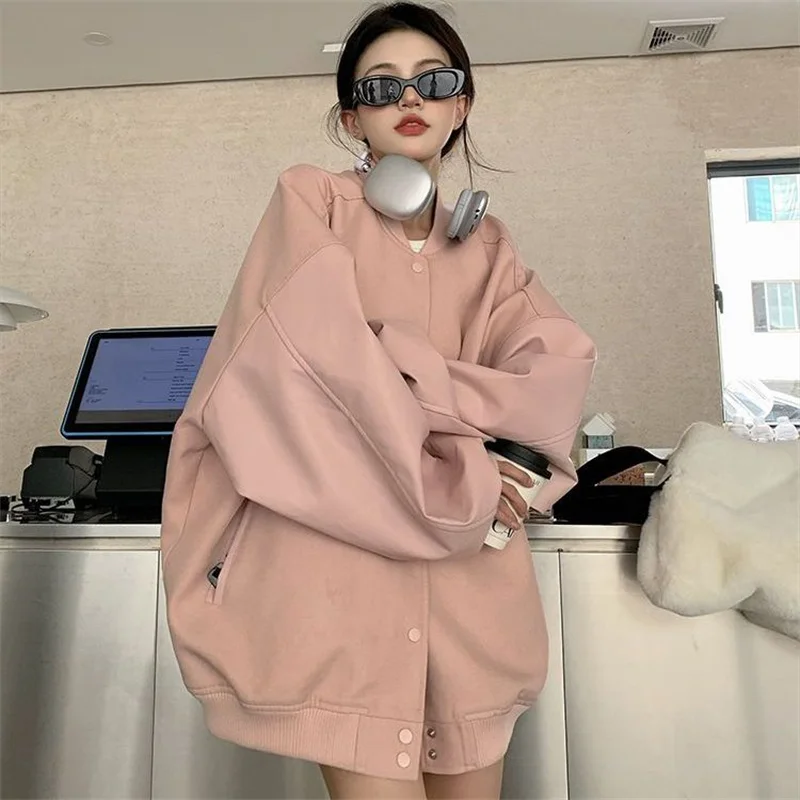 

Pink Baseball Jacket Women's Oversized Solid Jackets 2023 Autumn New Fashion Preppy Style Casual Loose BF Patchwork Coats Trend