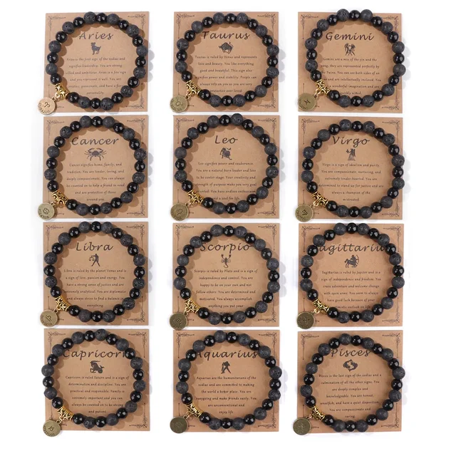 12pcs Men 12 Constellations Black Lava Stone Bracelet with Zodia Message Card Kraft Paper Jewelry Business Gift