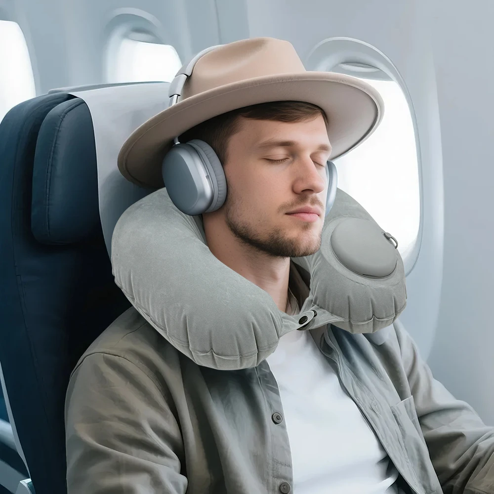 Inflatable U-Shaped Neck Pillow with Plush Cover Travel Air-filled Pillow for Airplane, Car, Office - Adjustable Comfort