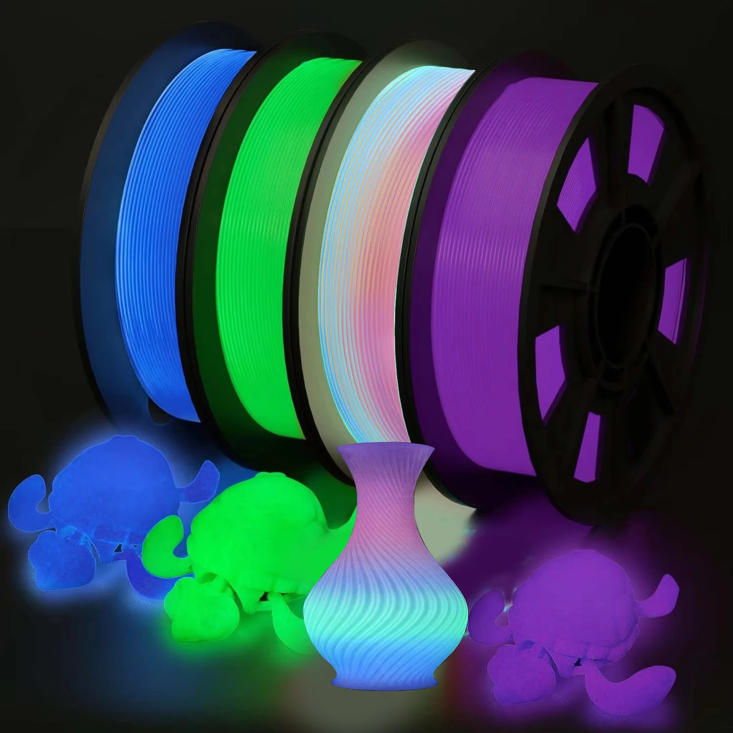 Glow in The Dark Filament Multicolor, Green, Blue, Purple and Rainbow, PLA Filament 1.75 mm, 3D Printer Filament Bundle