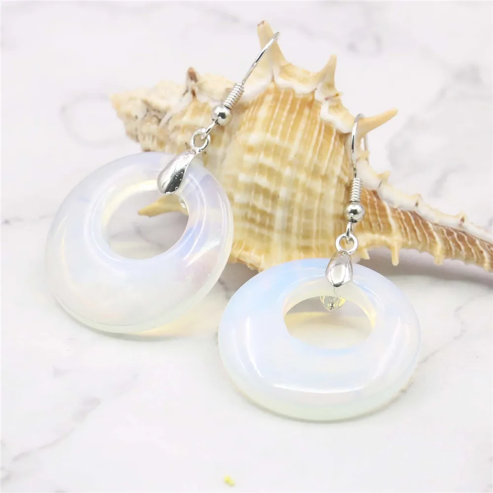 28MM Round White Moonstone Opal Drop Earrings Circular Ring Natural Stone Women Girls DIY Alloy Fashion Jewelry Making Design