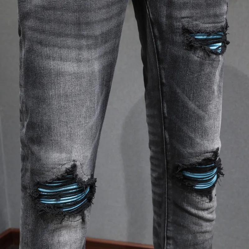 Streetwear Fashion Men Jeans Retro Black Gray Stretch Skinny Fit Ripped Jeans Men Leather Patched Designer Hip Hop Brand Pants