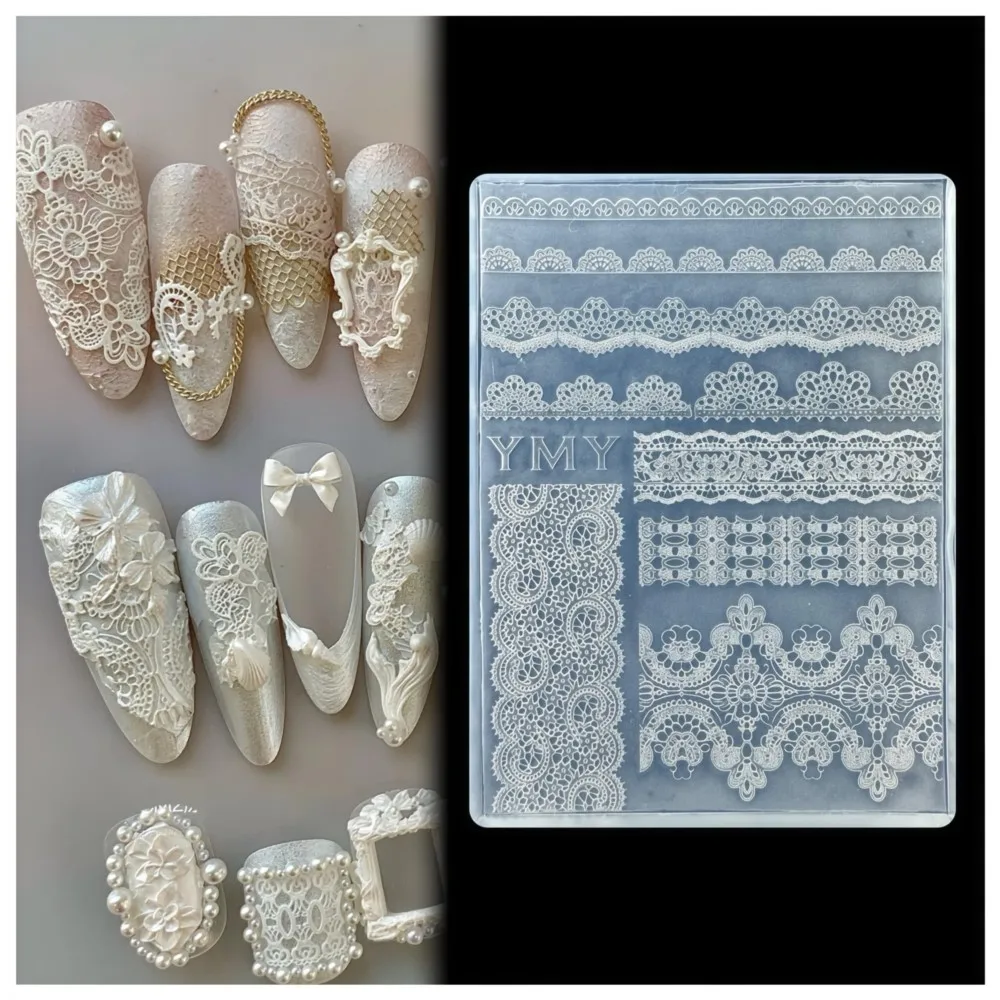 3D 레이스 로즈 실리콘 네일 아트 몰드 속이 빈 프렌치 체크 무늬 참 네일 템플릿 DIY 섹시하고 우아한 레이스 매니큐어 몰드
