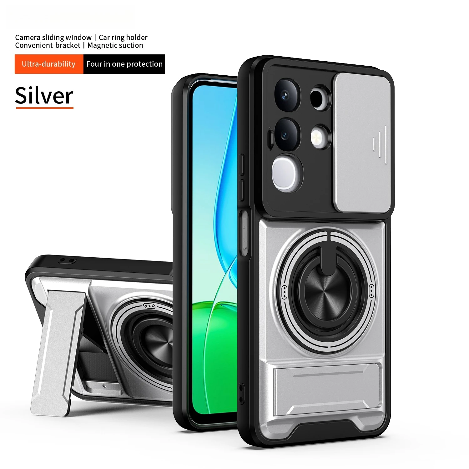 Camera Sliding Cover Phone Case with Double Bracket and Magnetic Ring Protection