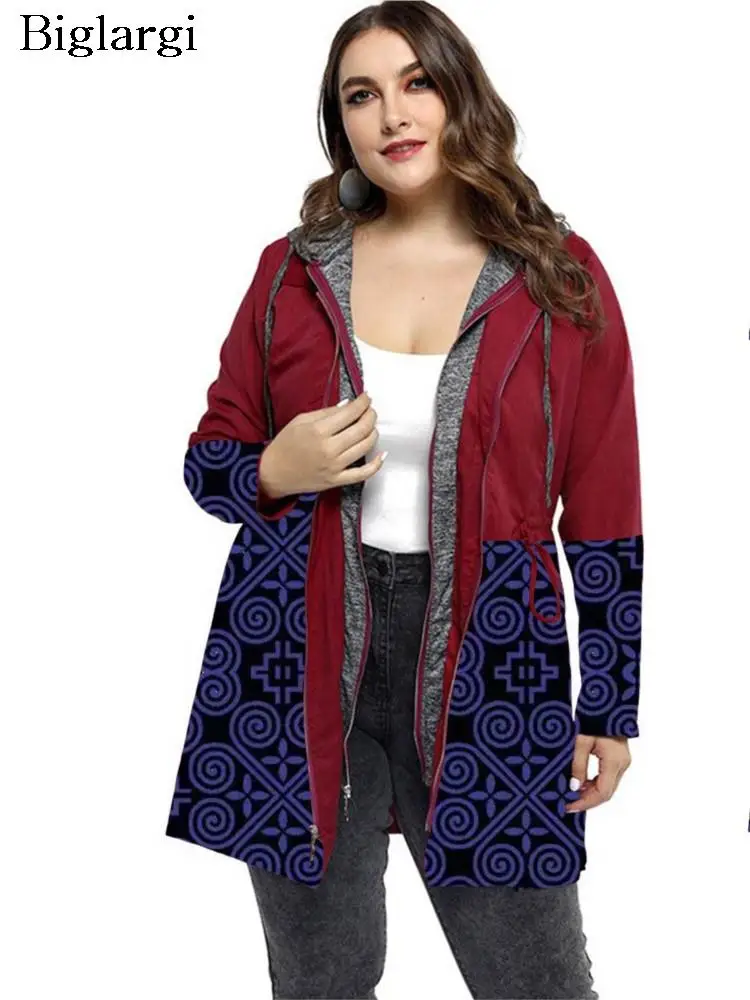 

Plus Size Autumn Winter Print Hooded Trench Coat Women Pleated Fashion Ladies Windbreak Woman Casual Trench Jackets Coats 2023
