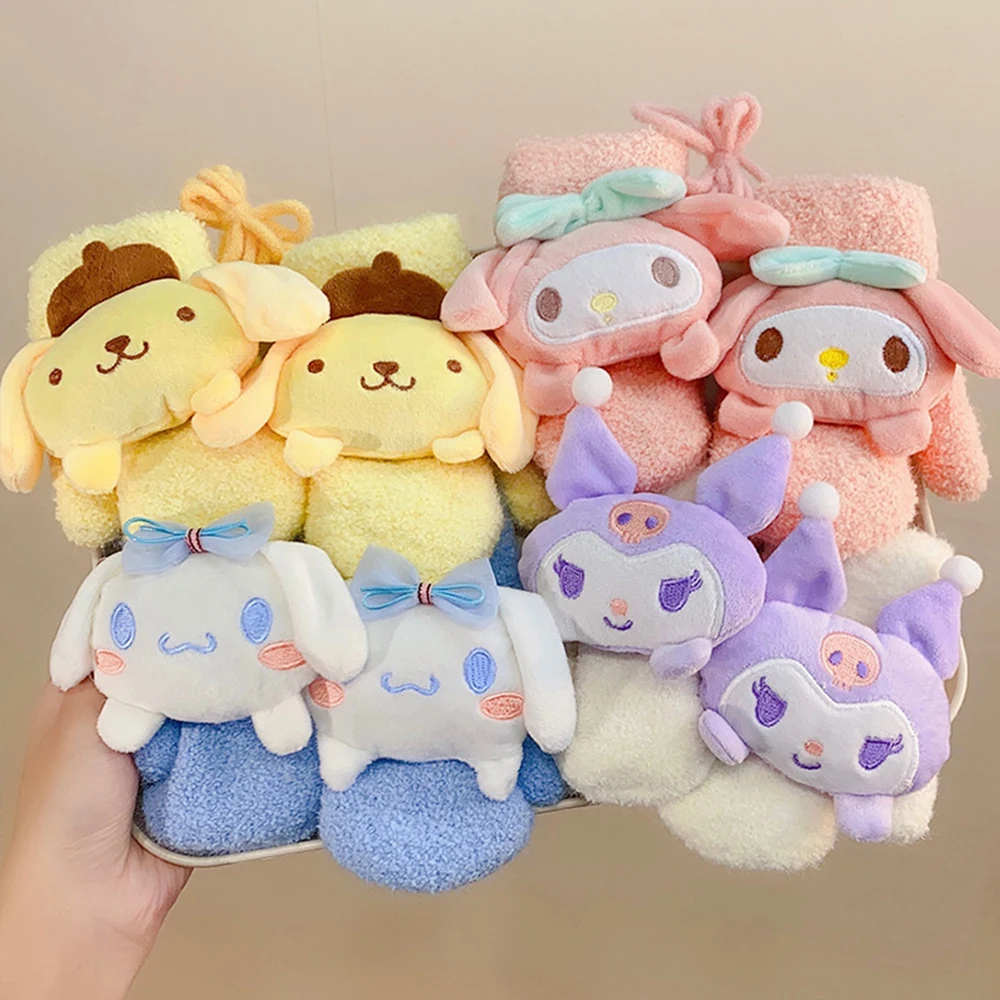Winter Kids Full Finger Gloves Sanrio Anime Cinnamoroll Kuromi Melody Cartoon Kawaii Soft Warm Girl Gloves Thick Mitten 3-12Y