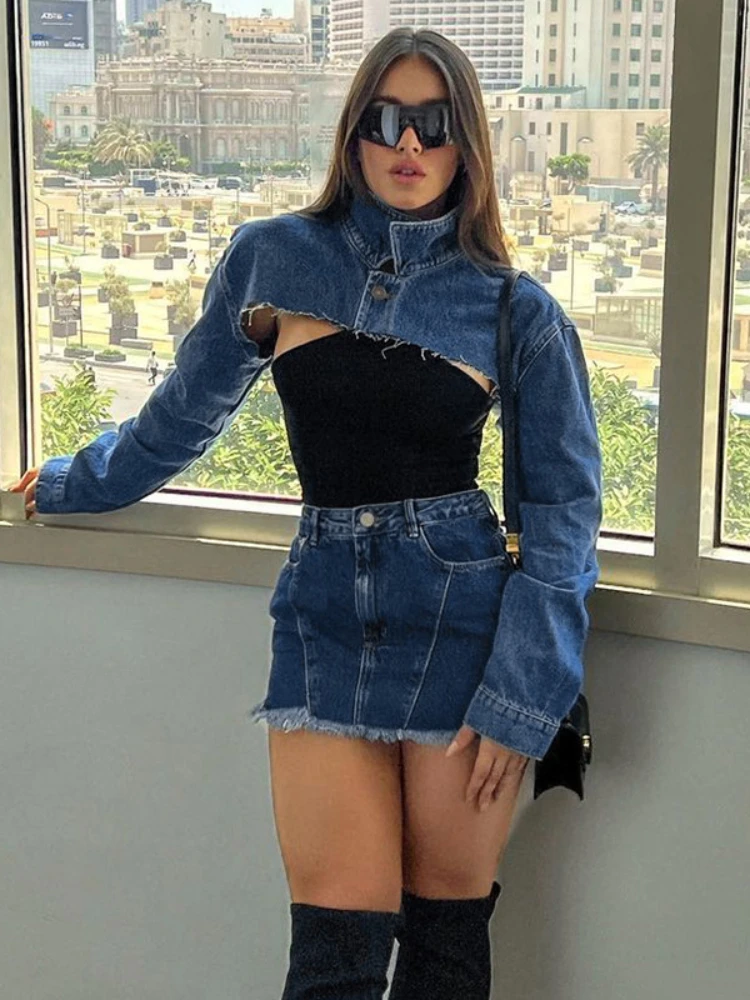 

Y2K Long Sleeve Crop Denim Jacket Women 2022 Fall Winter Fashion Vintage Outwear Tops Casual Coats Streetwear