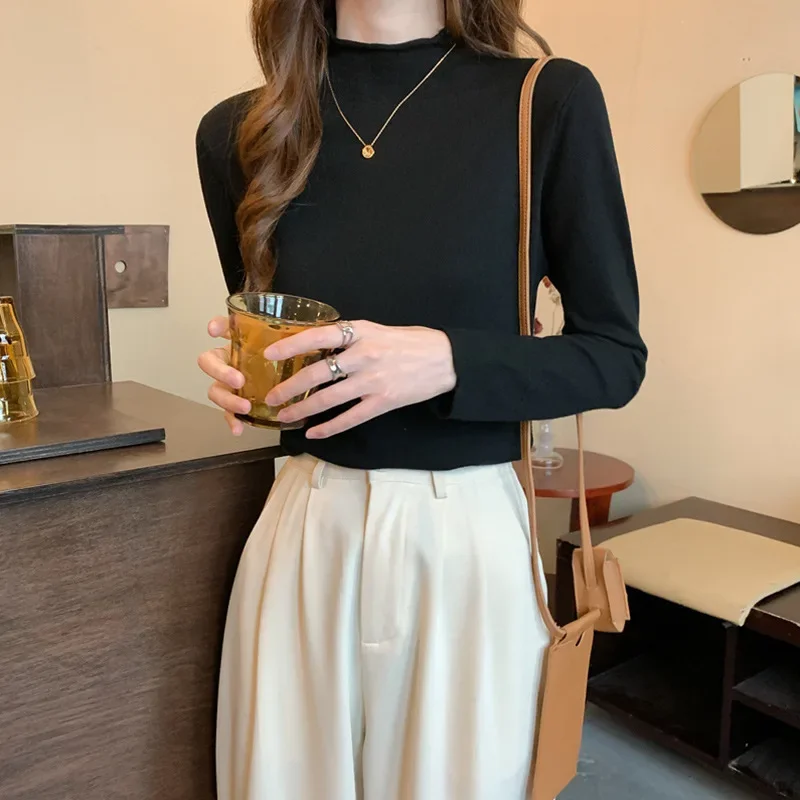 

Women Casual Thin Pullover Korean Fashion Simple Chic Jumpers Autumn Winter Turtleneck Sweater Vintage Solid Basic Knitted Tops