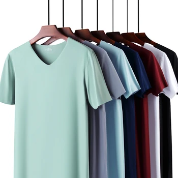2025 Men's Thin Short Sleeve Ice Silk Without Summer Solid Color T shirt Trace Slim V-neck Bottoming Seamless short sleeve 1
