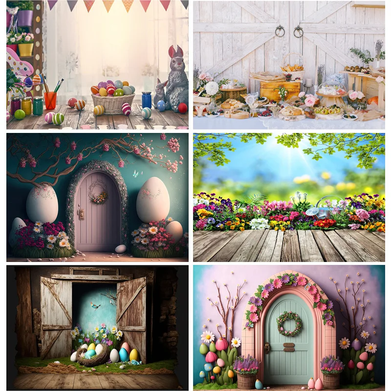 

Spring Easter Wood Door Photography Backrops Flower Bunny Egg Kid Birthday Party Portrait Decor Backdrop Photo Background LG-02