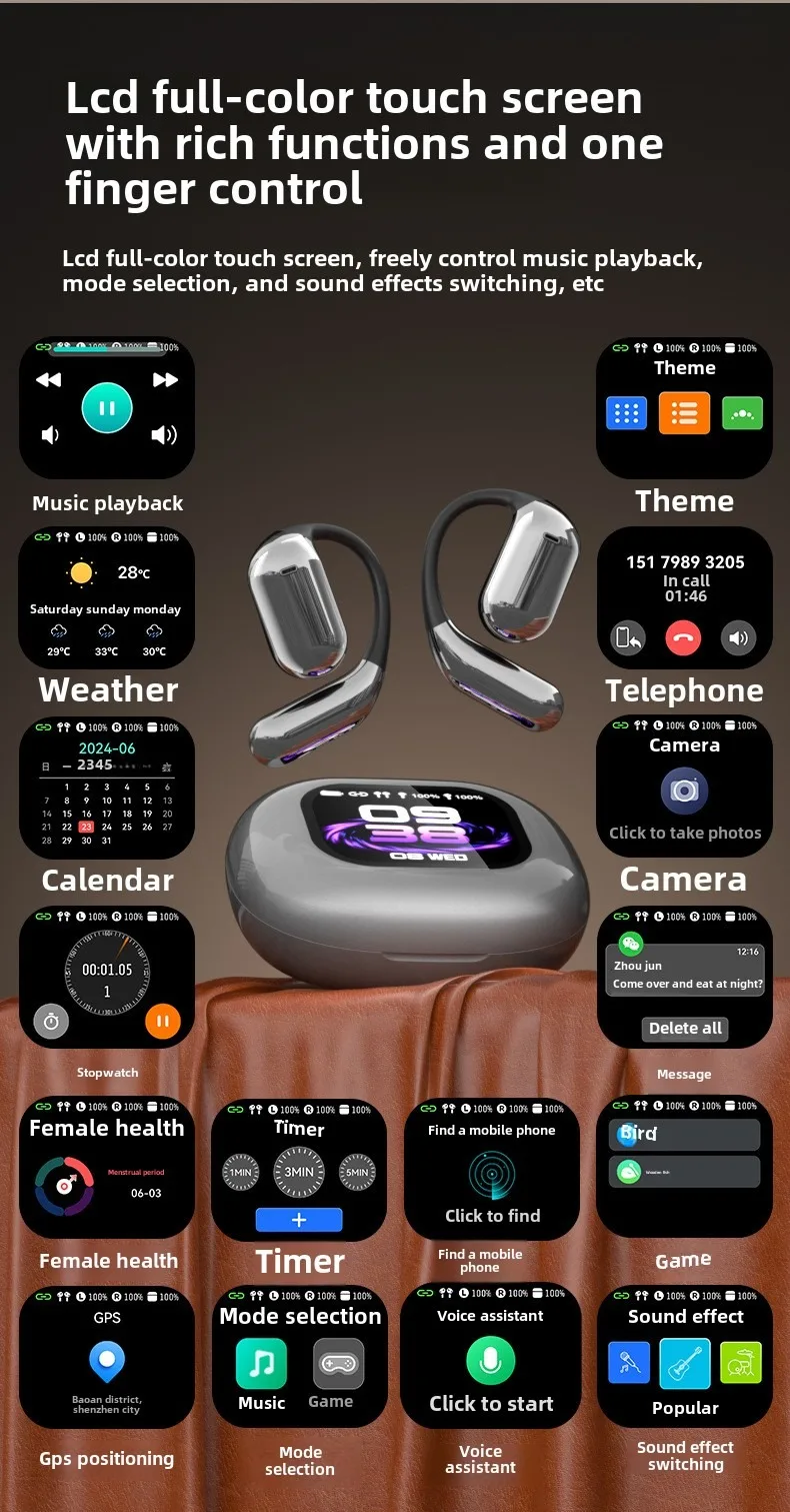 Cross-border hot-selling LCD hanging ear open earphones with full-color touch sc