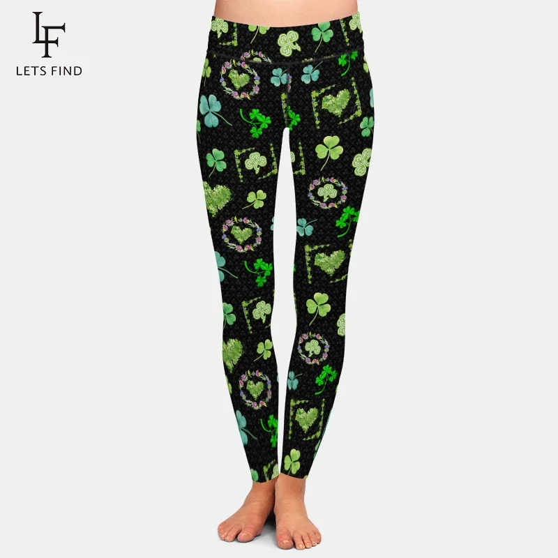 LETSFIND Fashion Women High Waist Beautiful Clover Design Milk Silk Printing Leggings High Quaility Fitness Slim Pants