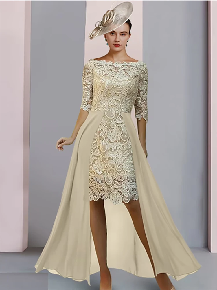 

Vintage Elegant Champagne Boat Neck Half Sleeve Lace Appliques Knee Length Mother of the Bride Dress Formal Party Wedding