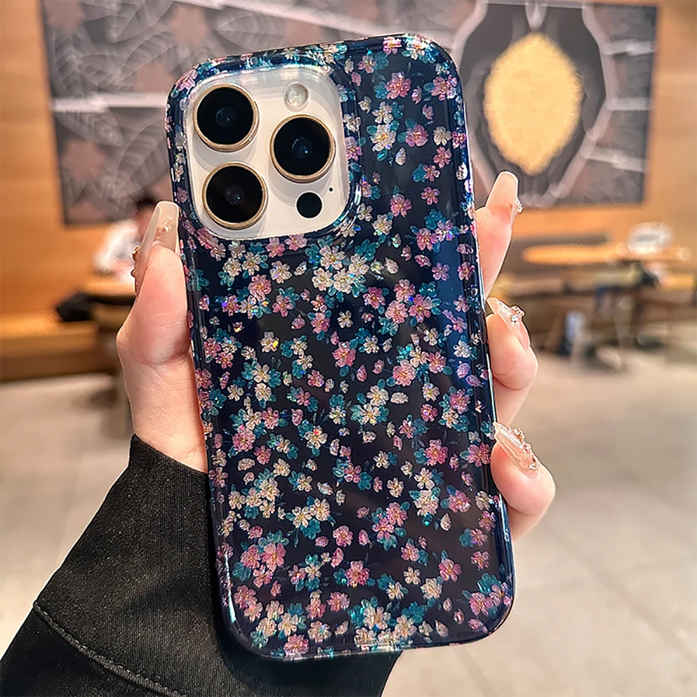 Charming Vintage Dark Green Floral Glitter Phone Case with Colorful Blooms