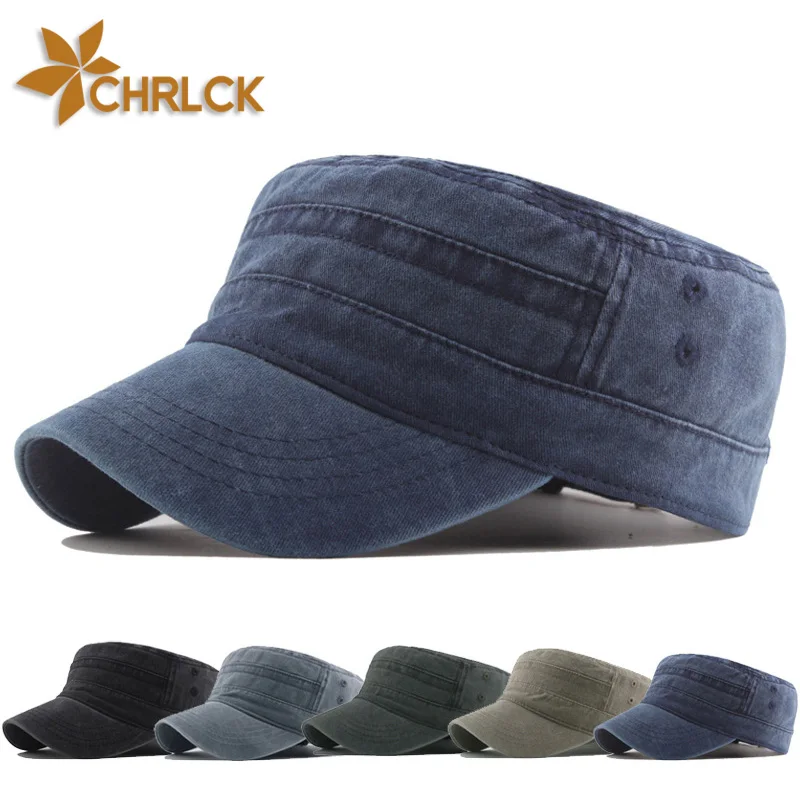 CHRLCK 2023 Classic Vintage Flat Top Mens cotone lavato berretti esterni regolabile esercito cappello piatto cappelli militari per gli uomini_voghion.com