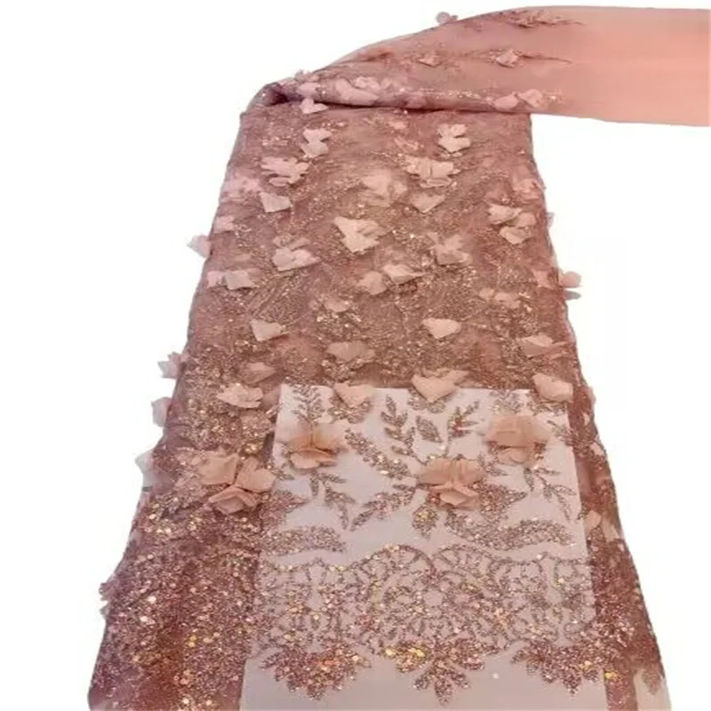 

French Tulle Sequins 3D flower Lace Fabric 5 Yards African Lace Fabric 2023 High Quality Nigerian Lace Fabric For Party Dress