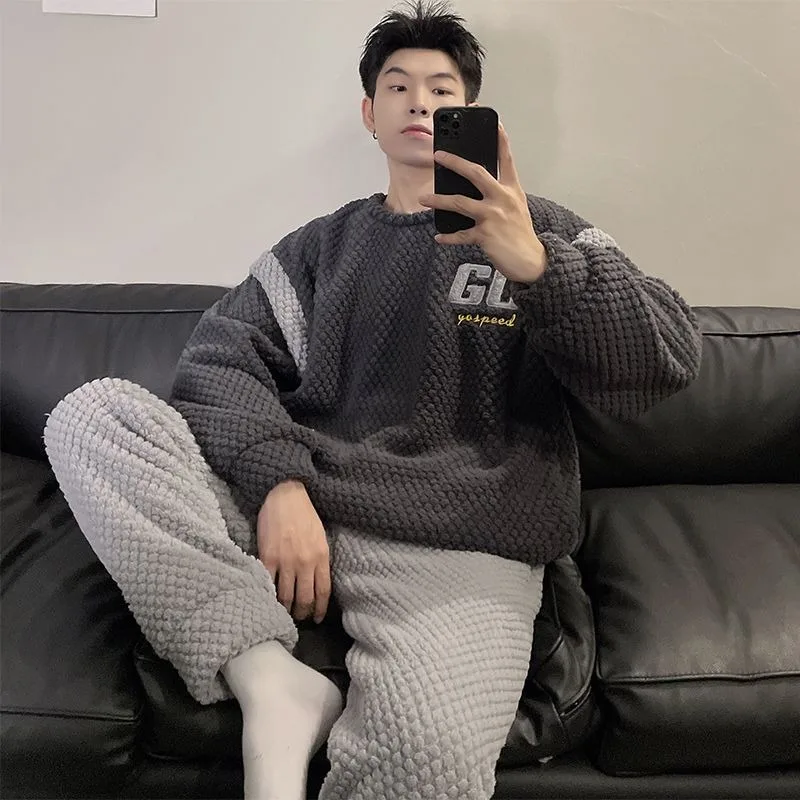 2024 New Men Pajamas Winter Coral Fleece Thickened Velvet Nightclothes Suit Male Round Collar Casual Warm Large Size Loungewear