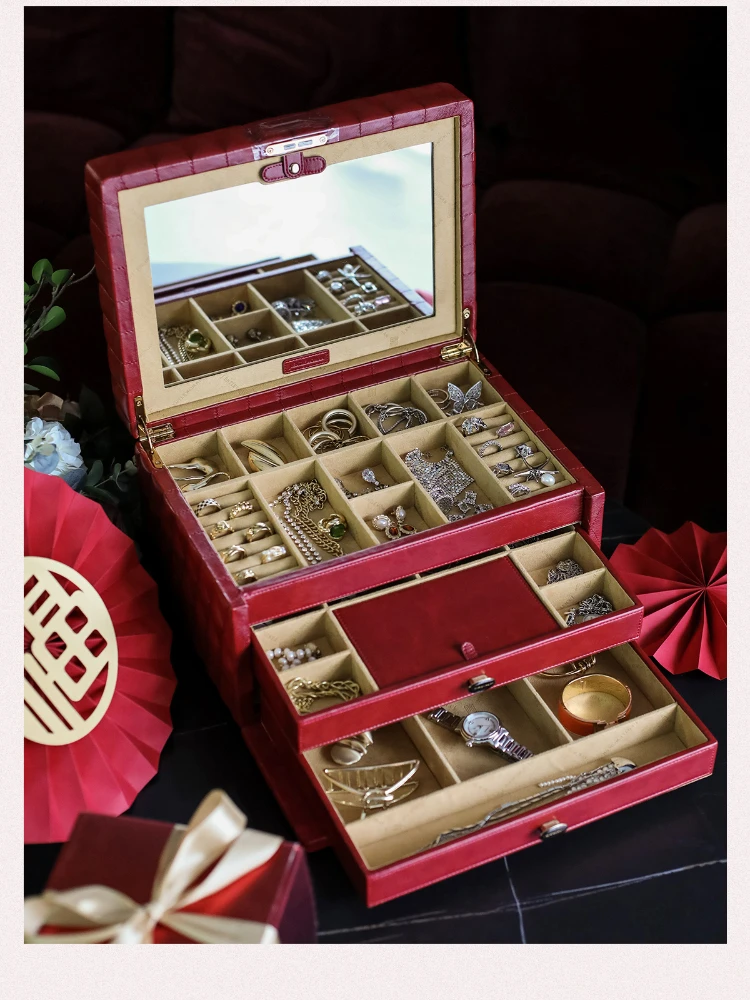 

Jewelry Storage Box Wine Red Solid Wood Leather Material High-End Wedding Gift Newcomers Exquisite Practical Desktop Decoration