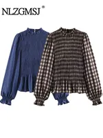 Nlzgmsj 2025 Vintage Chic Brown Plaid Shirts Women Long Sleeve Blouses Fold Fashion Casual Elegant Women Tops Y2k