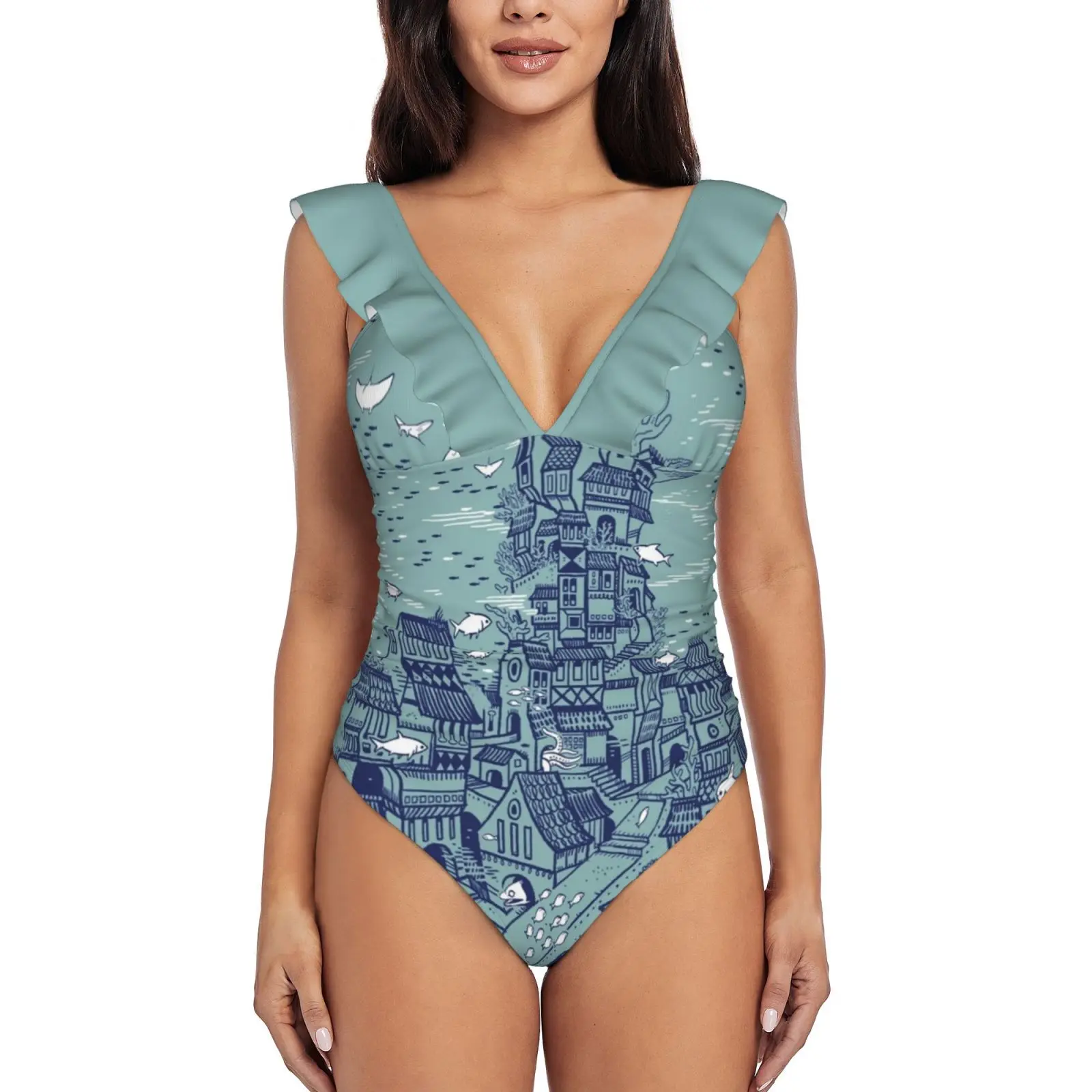 

Full Fathom Five Women'S Ruffle One Piece Swimsuit Bodysuit One Piece Swimwear Bathing Suit Beachwear Ocean Fish City