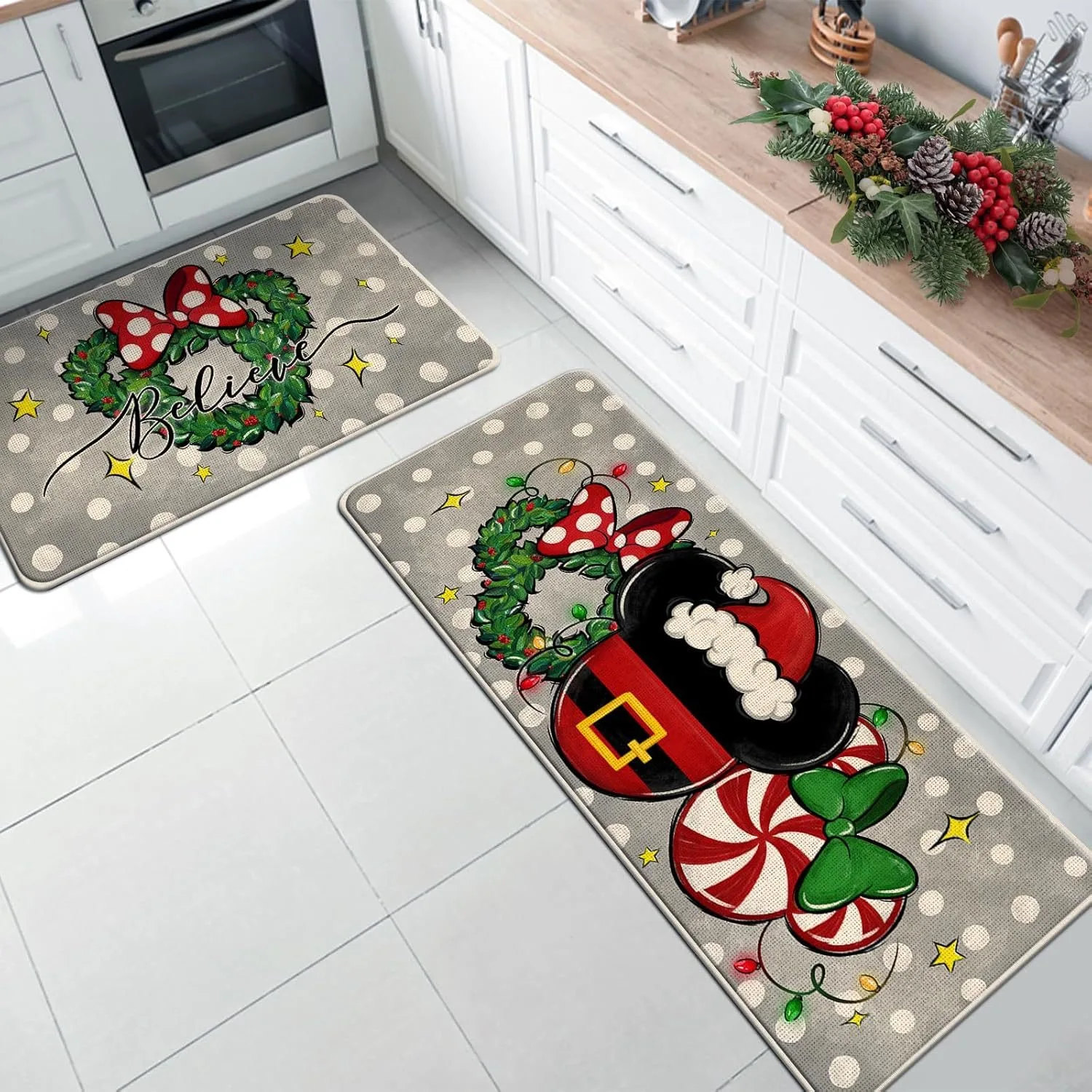 thumbnail image 1 of VIKAMA - Alfombra de terciopelo de cristal con tiras largas para Navidad, 2 piezas, para el hogar, la cocina, el baño, el inodoro, la suciedad, antideslizante, decoración del hogar, 1 of 5
