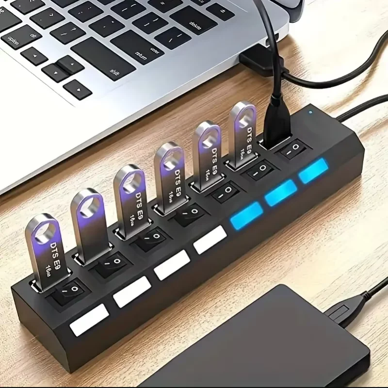 7포트 USB 2.0 허브 어댑터 (LED 표시등 포함, 개별 켜기/끄기 스위치, 고속 USB 분배기, USB-C 장치 OTG 연결)