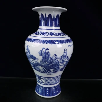 전통적인 입상 모티프가 있는 우아한 블루 및 화이트 도자기 꽃병-가정 장식, 수집가 및 선물용으로 적합