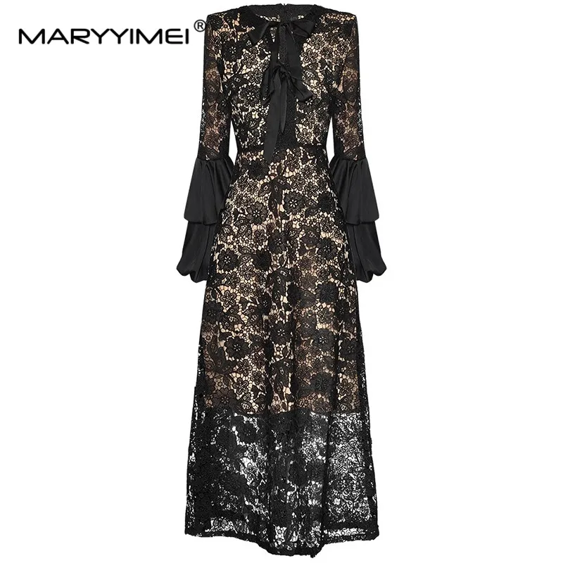 

MARYYIMEI New Fashion Women's Round Neck Bow Tie Lace-Up lantern Long Sleeve Hollow Out Water-Soluble Flower Waist In Dress