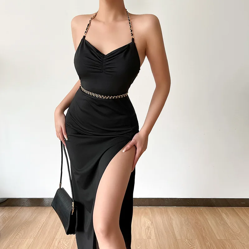 Lace Up Belt Chain Halter Midi Dress Backless Side Slit Bodycon Sexy Streetwear Party Club Elegant 2022 Summer Clothes evening dresses