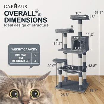 CAPHAUS Extra Wide, Tall Cat Activity Tree w/Two Top Perch, Scratching Posts, Multi-Level Play Tower for Cute Indoor Cats, 58-In 2