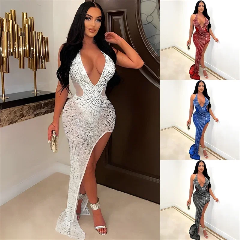 Autumn Winter Evening Dress Sexy Tube Top Halter Mesh Thin Glittering Hip Dress main image 1
