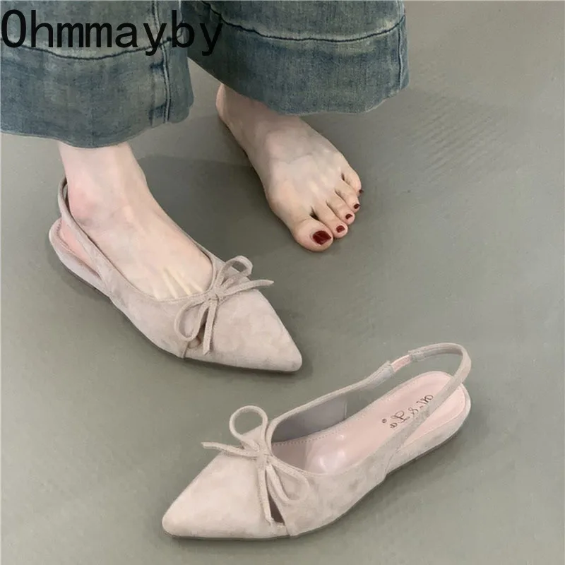 Summer Women's Low Heel Sandals Butterfly-knot Pointed Toe Shoes Ladies Evening Dancing Party Slingback Shoes