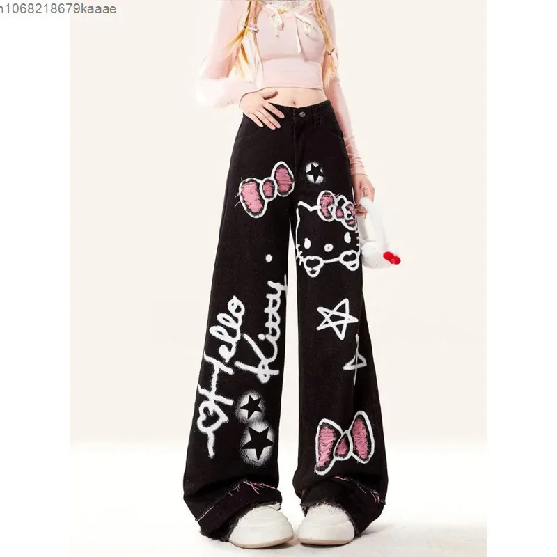 Sanrio Hello Kitty Bow Cartoon Graffiti Printed Fashion Jeans Women's Autumn Winter New Loose Wide Leg Pants Straight Trousers 3