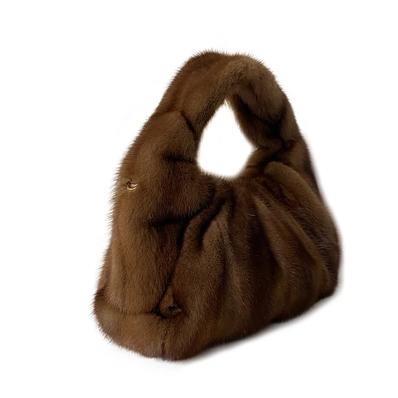 Women's Real Fur Luxury Shoulder Bag High Quality Natural Mink Fur Handbag Large Capacity New Cross Body Leather Bag