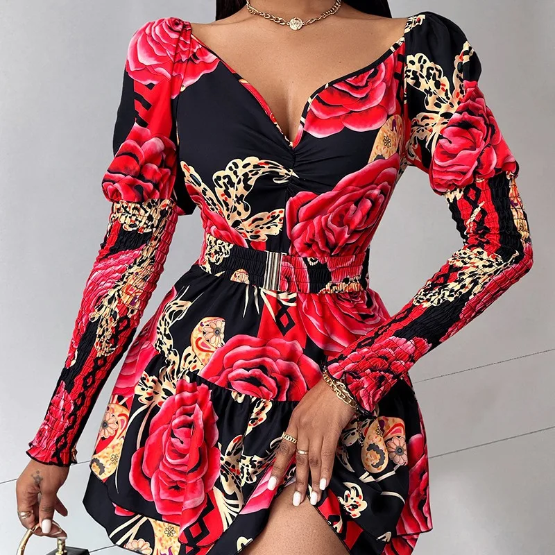 Damen-Midikleid – Blumendruck mit Puffärmeln