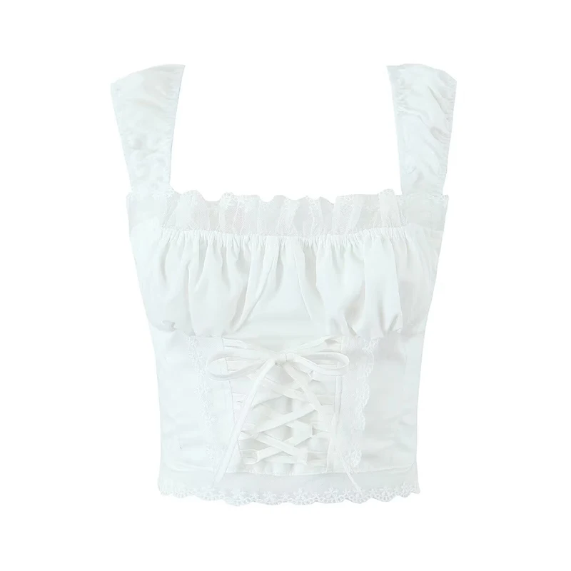 

YENKYE Women Lace Patchwork White Tank Top Front Bandage Summer Fashion Holiday ropa de mujer Y2K Crop Top Cotton