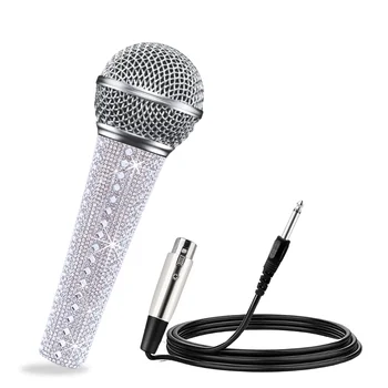 Microfono vocale professionale per cantare, microfono Karaoke cablato portatile dinamico, manicotto decorativo bianco scintillante lucido
