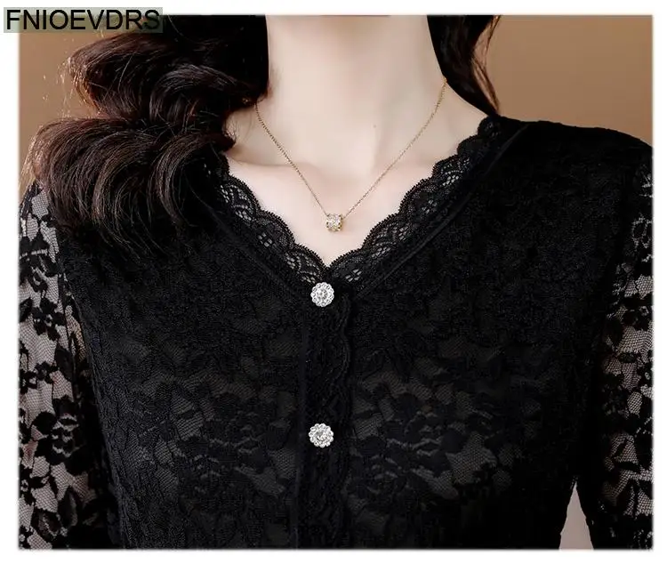 M-4XL 2023 Women Hot Sales Elegant Office Lady Work Button Black Lace Shirt Casual Belly A Line Tunic Peplum Tops And Blouses