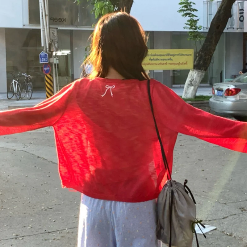 여성용 레드 가디건, 뒷면에 리본 자수가 있는 여름 얇은 니트 아우터, 패셔너블한 에어컨 탑