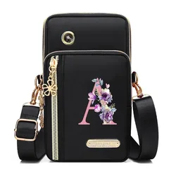 Floral Print Mobile Wallet with Zippered Card Organizer and Adjustable Strap - M (Black A)