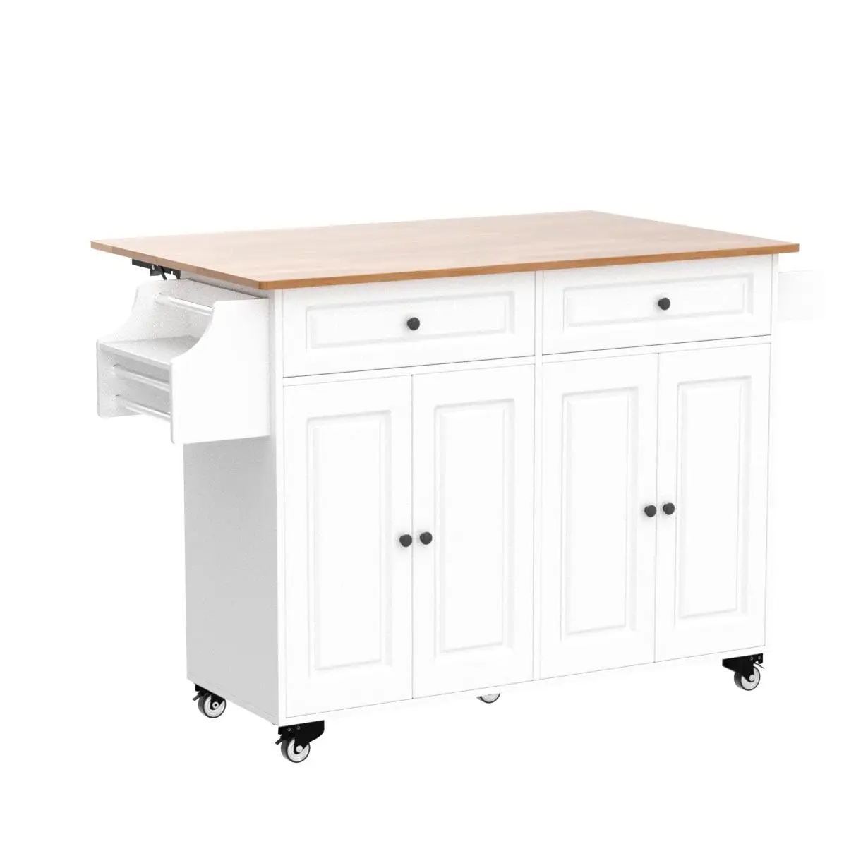 Rolling Kitchen Island with 4 Door Cabinet and Two Drawers, Solid Wood Top Coffee Bar for Dining Room