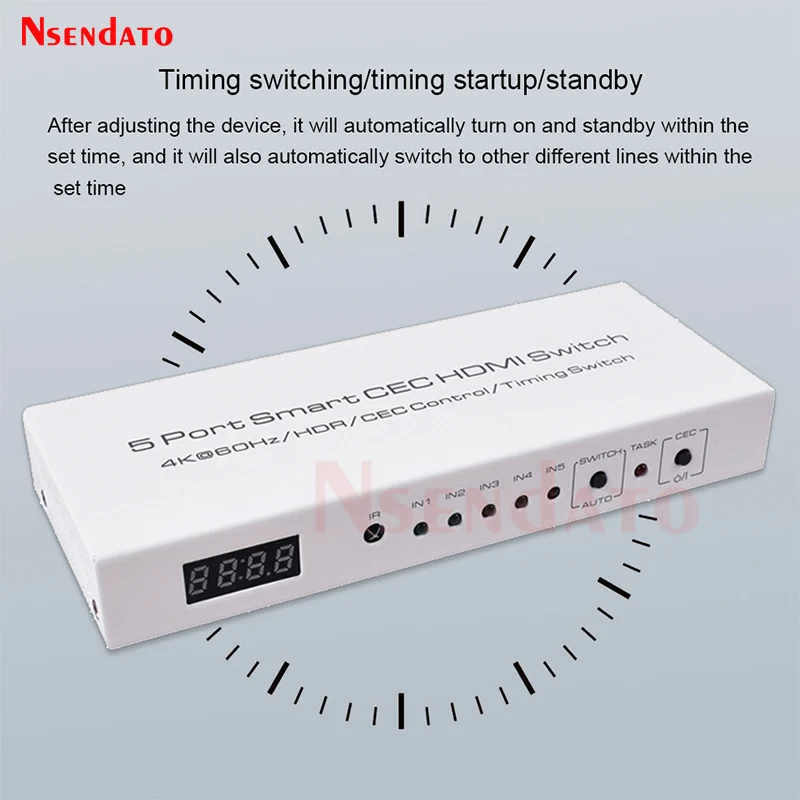 5 Port Smart CEC HDMI Switch 4K 60Hz 18 Gbps 5x1 HDR HDMI Adapter Switcher With IR Romote for Dolby DTS HD LPCM HDTV PS4