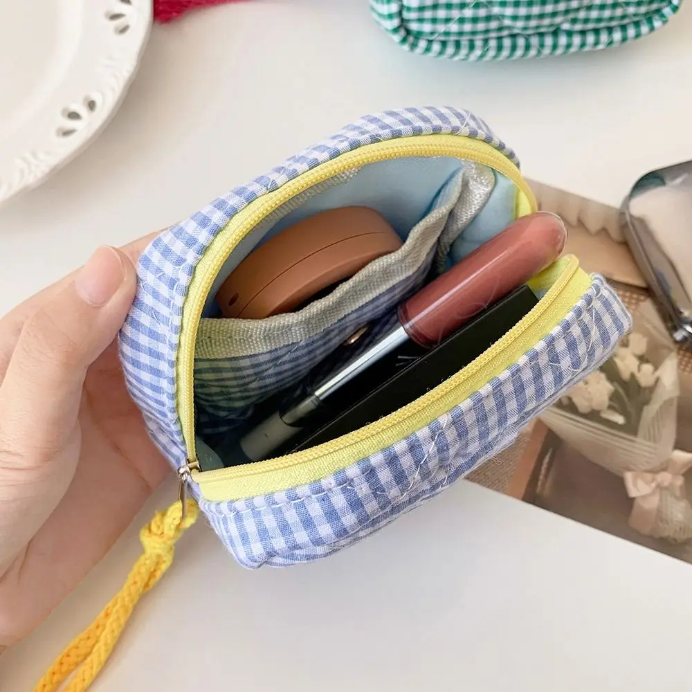 Cotton Plaid Coin Purse Cosmetic Bag Organizer