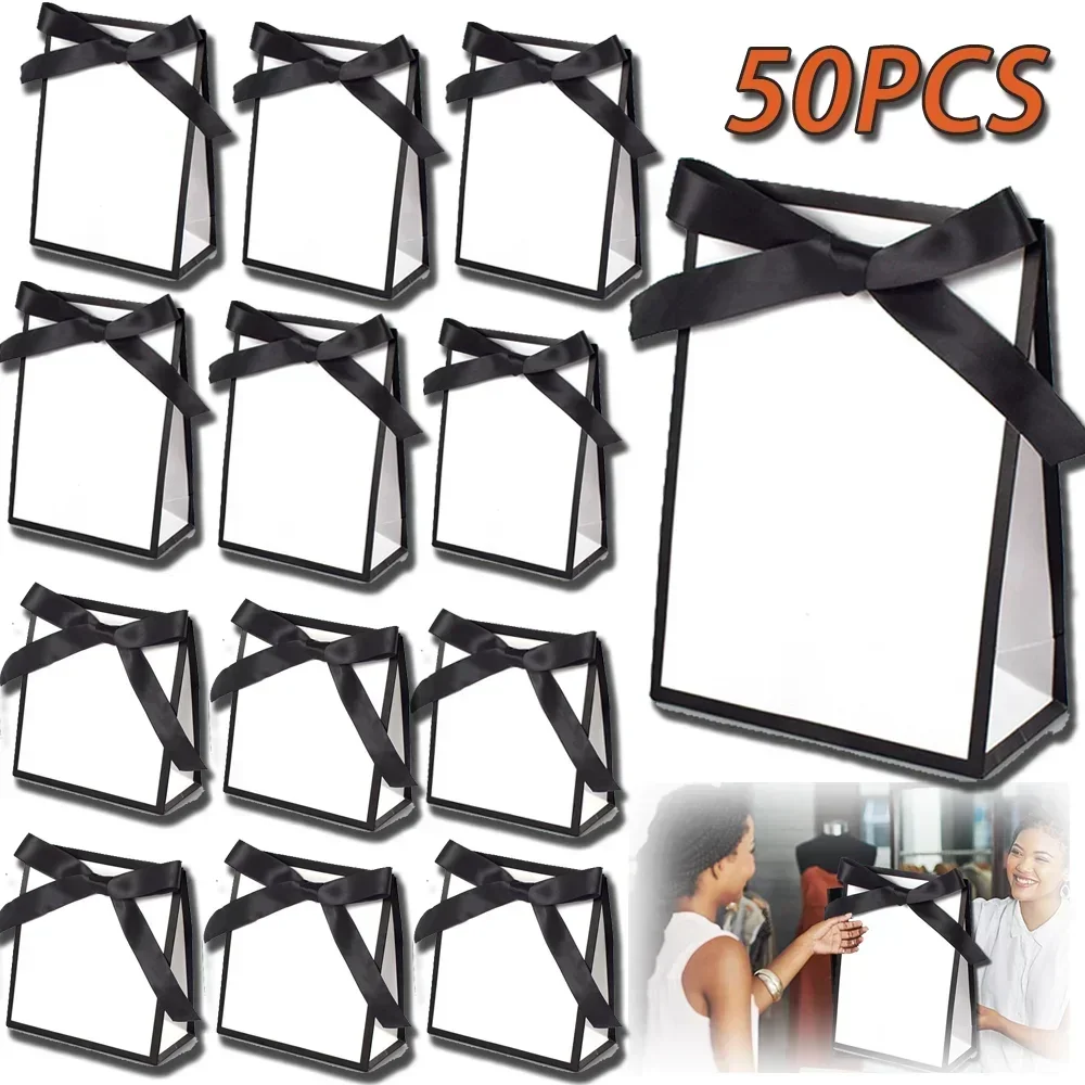 Cardboard Paper Shopping Handbag Gift Packing Bag Portable Black White Wrapping Tote With Handles Sundries Storage Pouch 100PC
