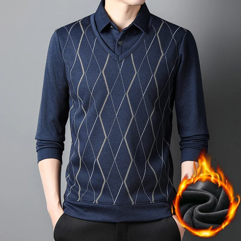 

Thickened Fake Two-Piece Long Sleeve T-shirt Men's Autumn and Winter New Warm Fleece-lined Bottoming Polo Shirt Men's Top