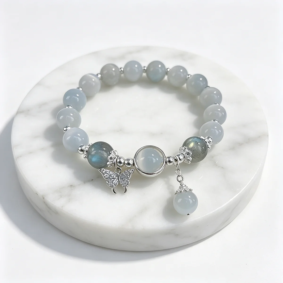 Dainty Blue Cats Eye Beaded Bracelet, Cute Butterfly Charm Elastic Hand Chain, Moonlight Opalite Stone Jewelry, Graduation Birthday Gift for Best Friend Teen