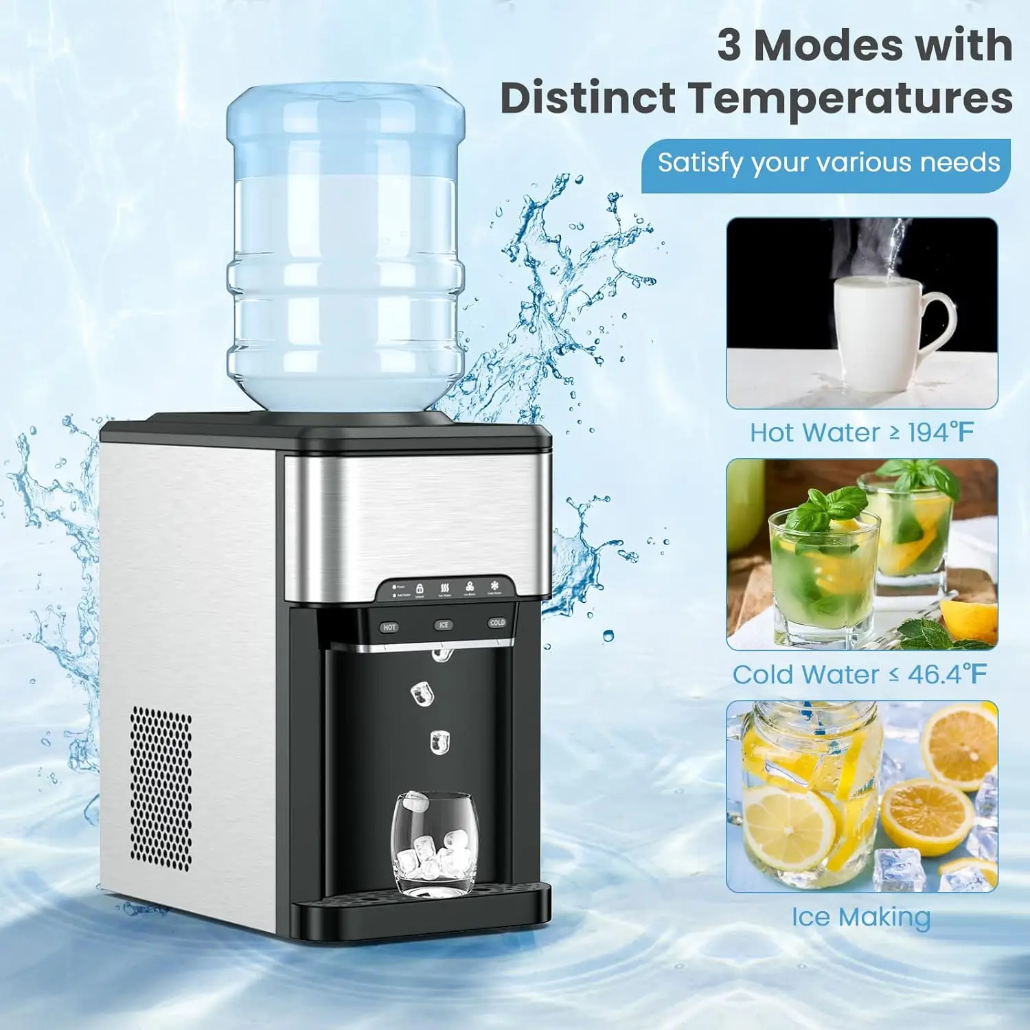 Water Cooler Dispenser with Ice Maker, 3 in 1 Top-Loading Hot & Cold Water Dispenser 5 Gallon, 48 LBS Daily-Ice, Portable Ice Cu 2