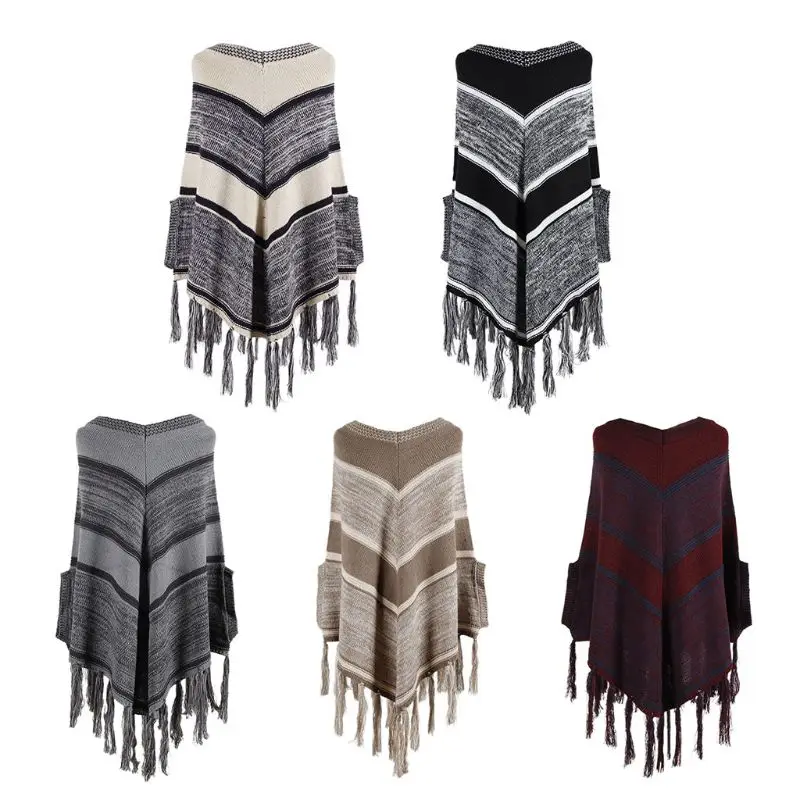 

Women Winter Pullover Sweater Shawl Wrap Striped Tassel Phoncho Cape drop shipping