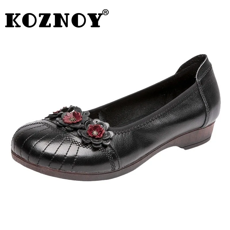 

Koznoy 2.5cm Retro Ethnic Flower Genuine Leather Soft Flats Casual Spring Autumn Sewing Loafer Summer Comfy Shallow Women Shoes