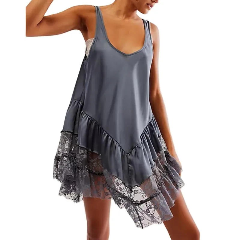 

Women Dress Summer Sleeveless Backless Low Cut Slip Mini Dress Lace Patchwork Sexy Sheer Mesh Hem Loose Flowy Boho Dresses